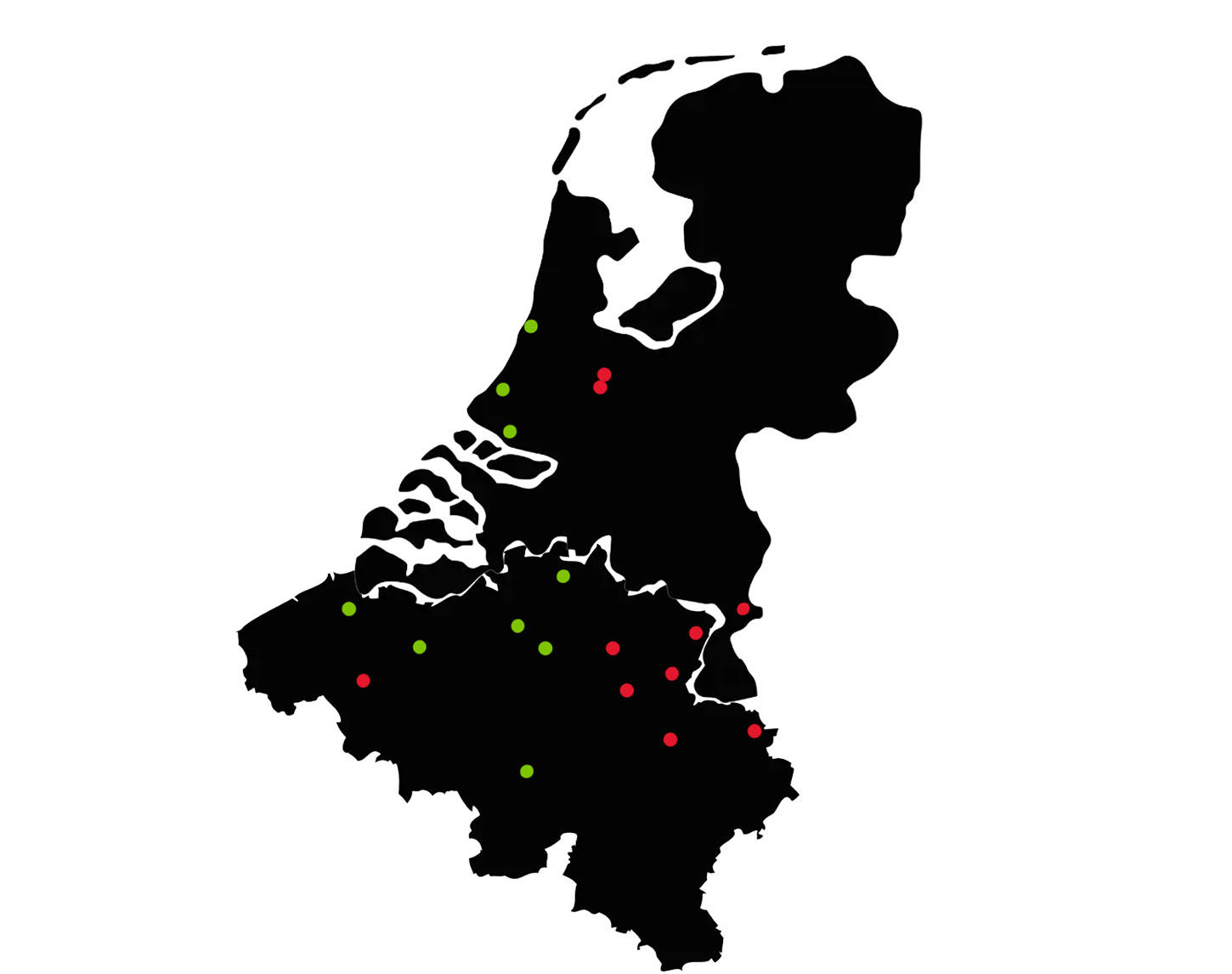 Landkaart Nederland en België met punten van winkels