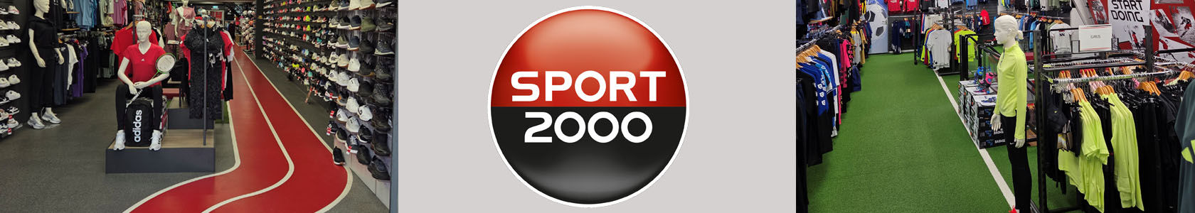 3 afbeeldingen met logo en winkelinterieur met sportkleding en -schoenen