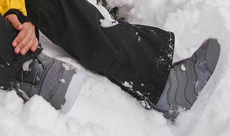 Model met wintersportkleding en snowboots in de sneeuw